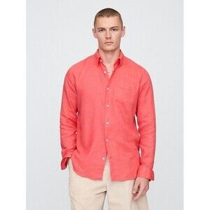 GAP Men's MADE WITH LINEN Coral Pink STANDARD FIT Long Sleeve Buttoned Shirt Med